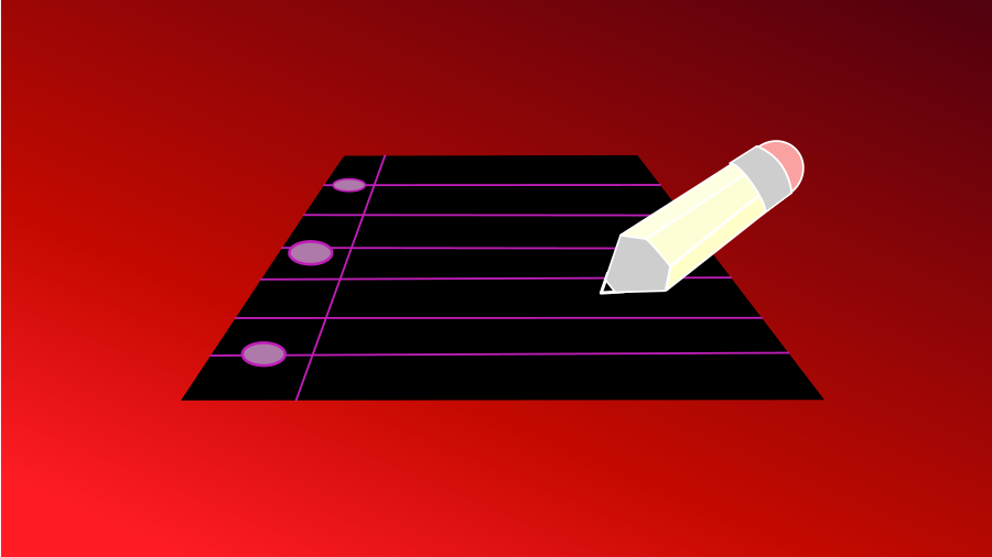 A logo of a paper and a pencil on a red background